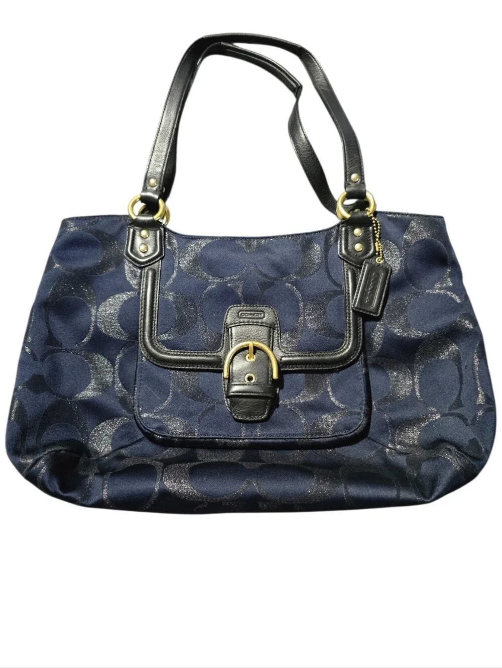 Coach Navy Metallic Canvas Signature Jacquard Tote with Black Leather Trim